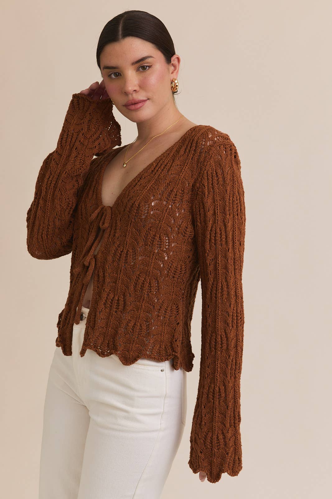 FRONT TIE BELL SLEEVE OPEN KNIT CARDIGAN