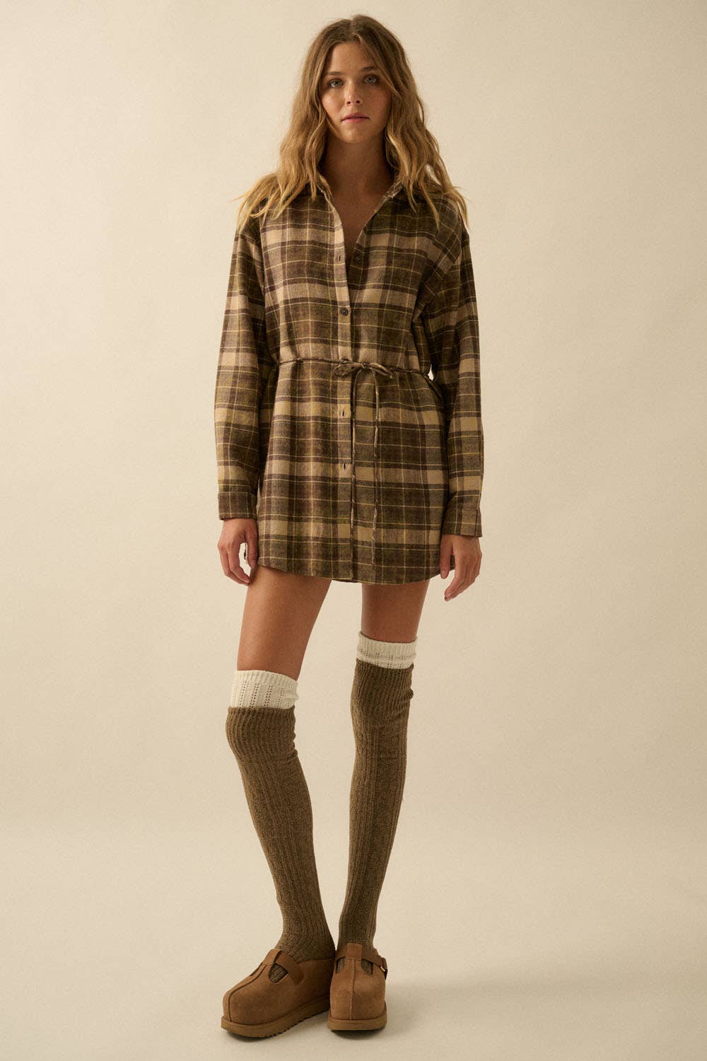 Plaid Flannel Button-Up Belted Shirt Romper