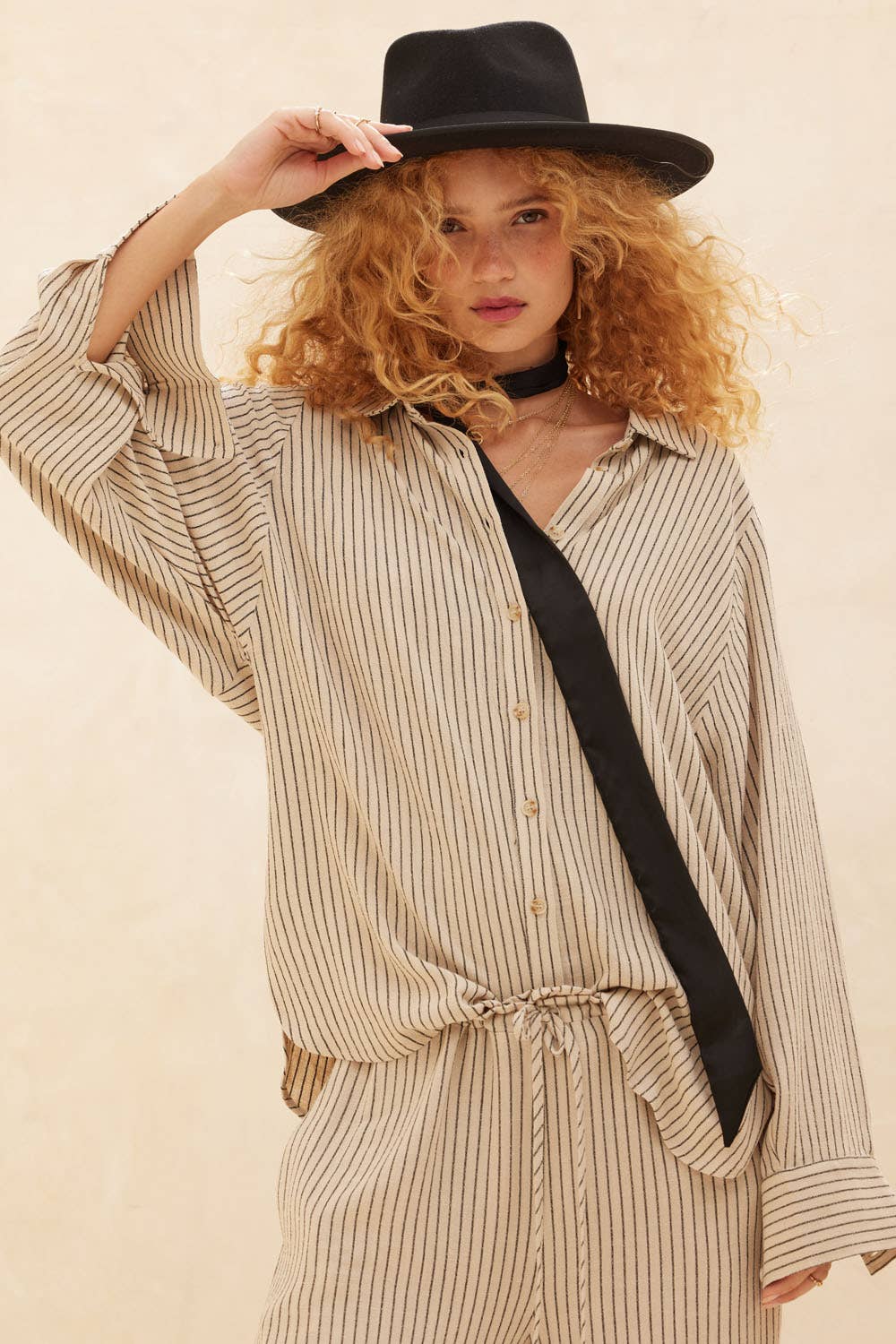 Striped Loose-Fit Collared Button-Up Shirt
