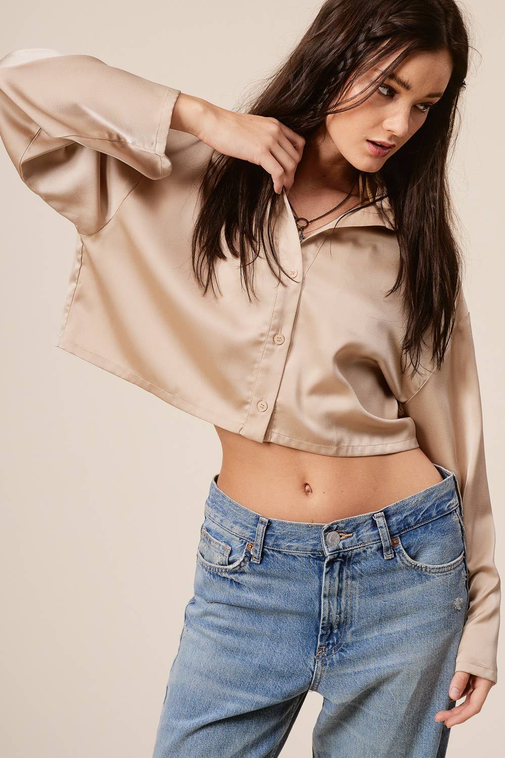 Satin Cropped Button Down Shirt with Flowy Sleeves