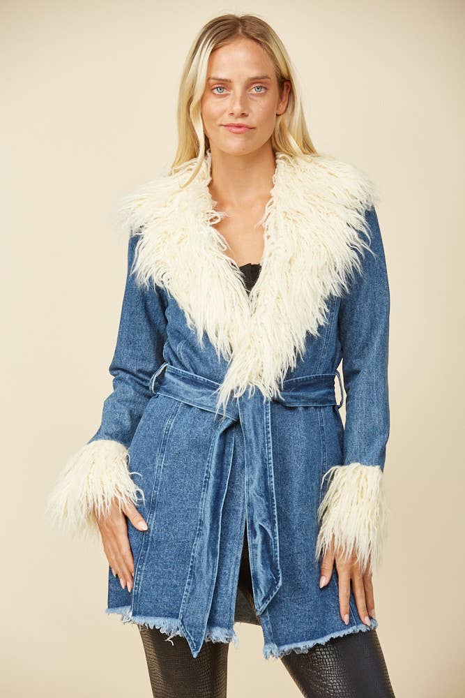 FAUX FUR DENIM COAT