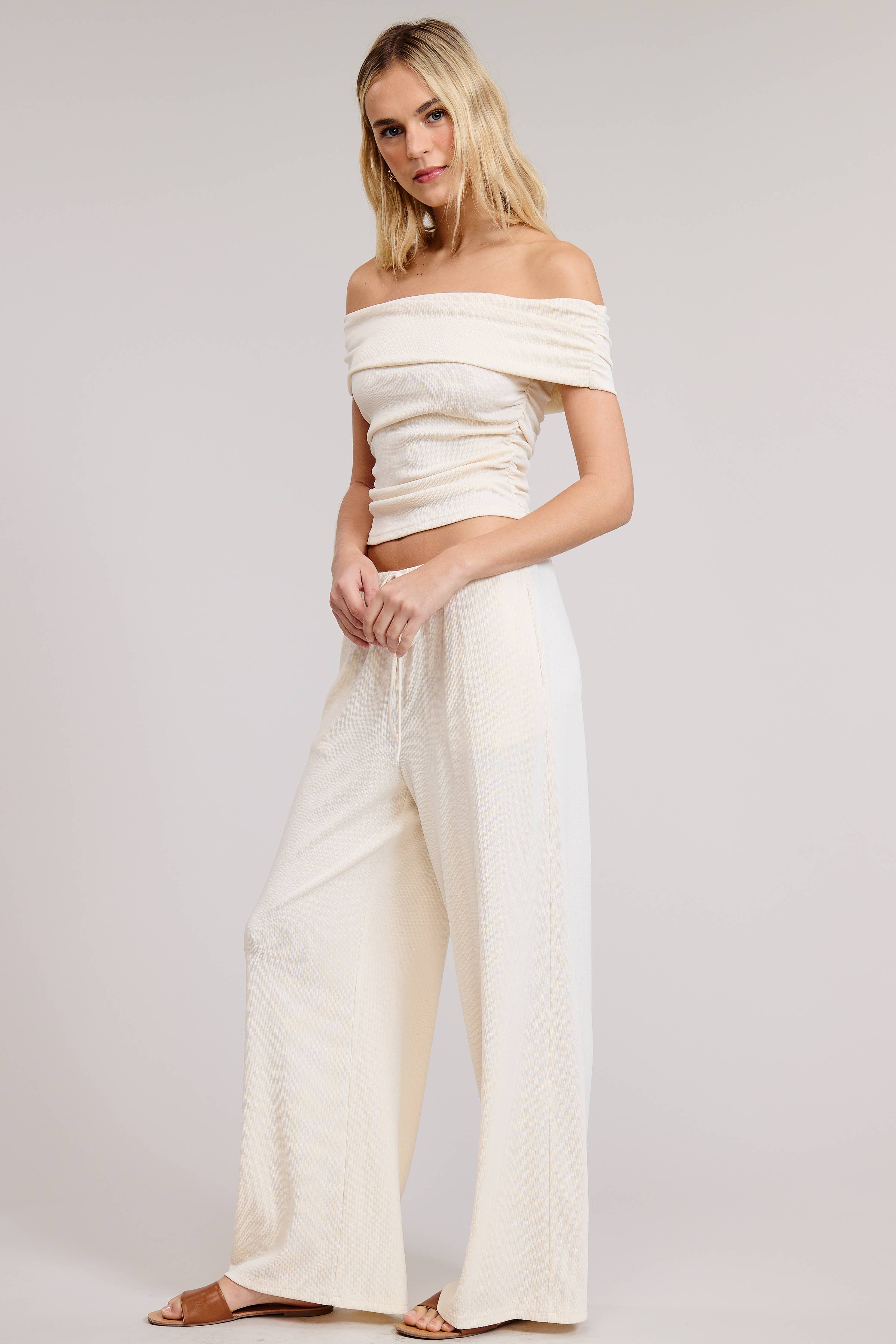 Off Shoulder Pants Set with Ruched Top