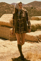 Plaid Flannel Button-Up Belted Shirt Romper