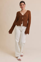 FRONT TIE BELL SLEEVE OPEN KNIT CARDIGAN