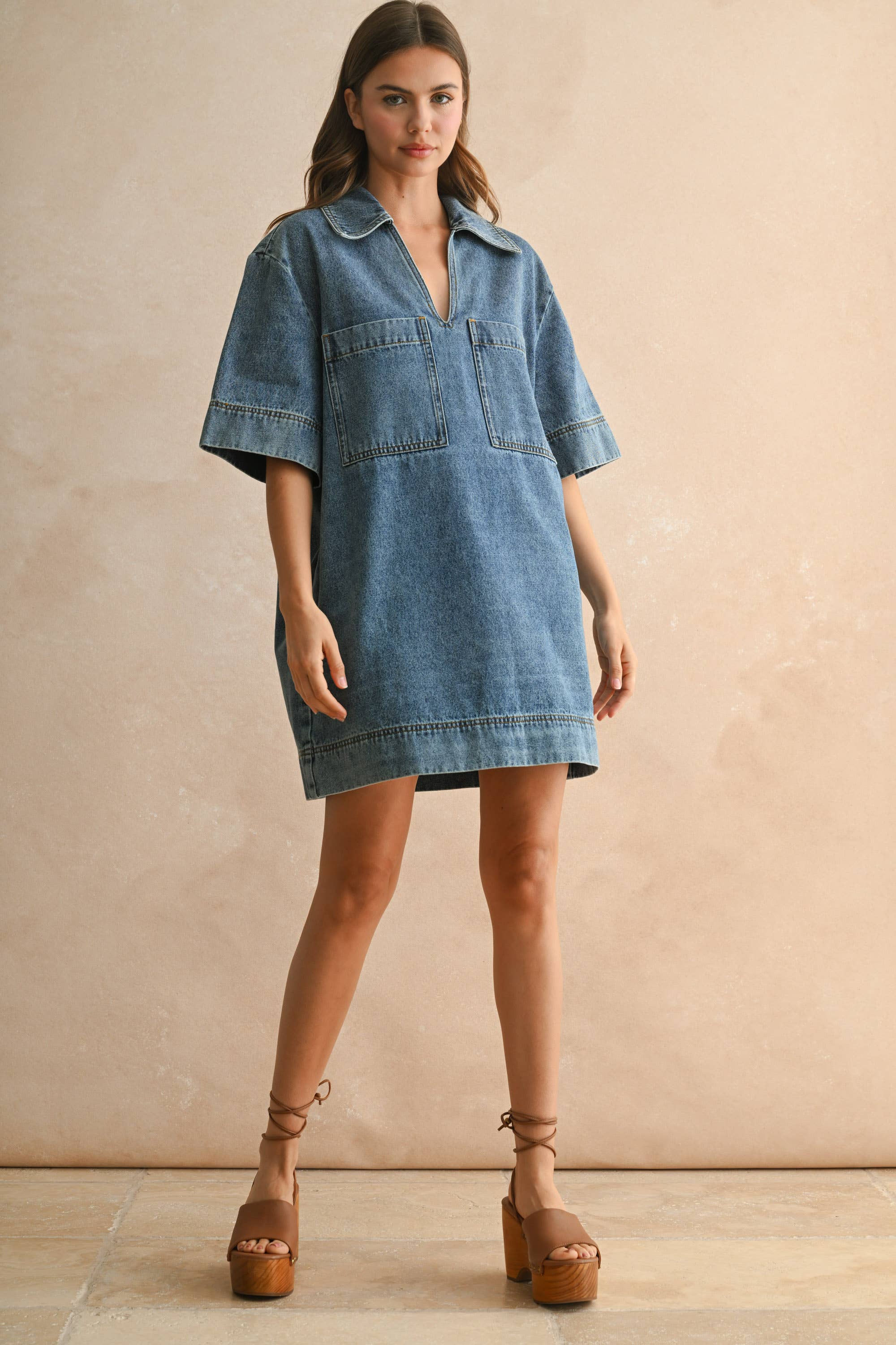 V-NECK DENIM TUNIC DRESS