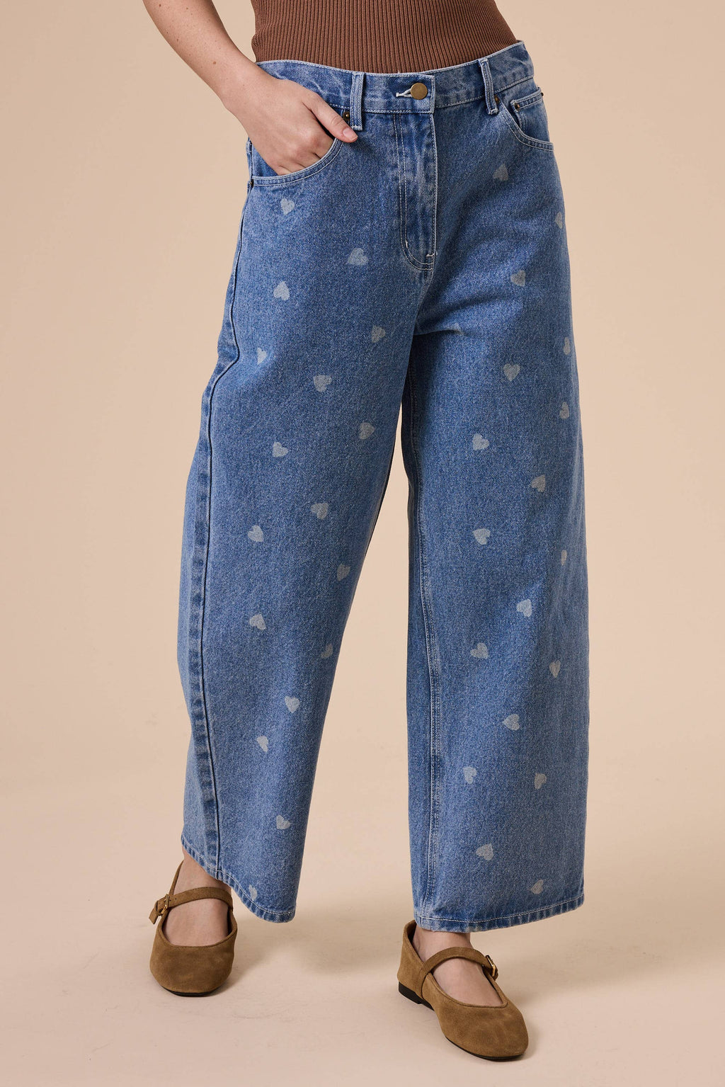 HEART PRINTED DENIM PANTS