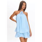 SLEEVELESS HALTER FLORAL PLEATED MINI DRESS