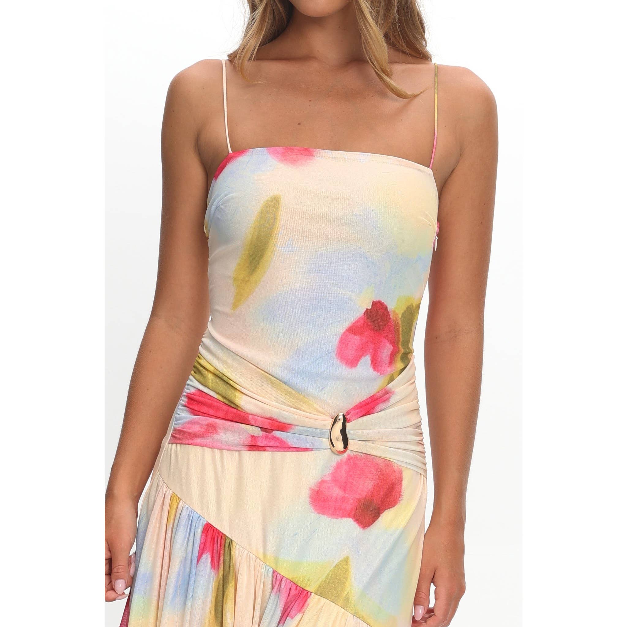 BANDEAU RUCHED FLORAL MAXI DRESS
