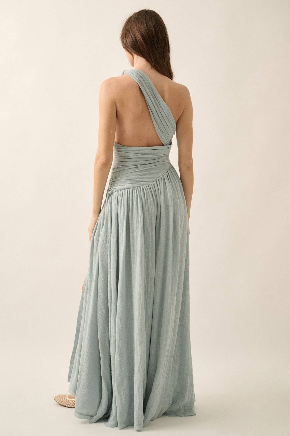 Textured Cotton One-Shoulder Gathered Maxi Dress