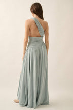 Textured Cotton One-Shoulder Gathered Maxi Dress