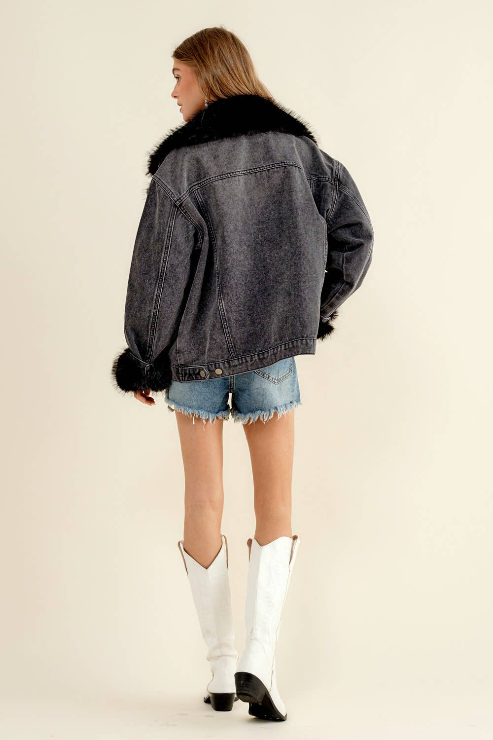 Fur Collard Cuff Over sized Denim Jacket