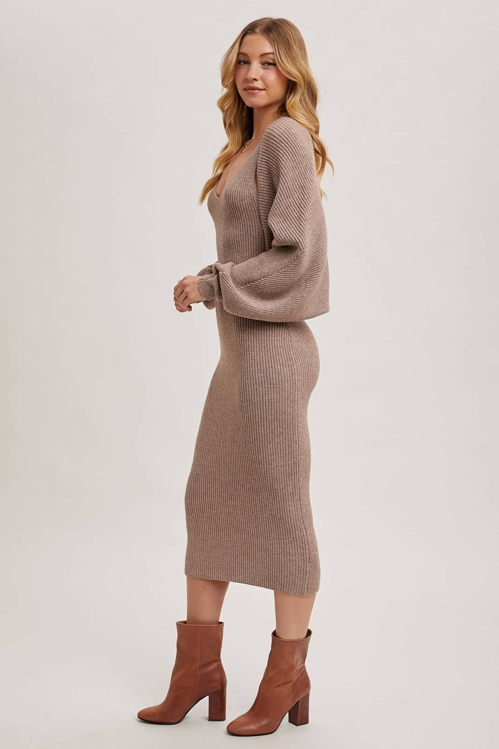 V-NECK KNIT MIDI DRESS AND KNIT SHRUG SET