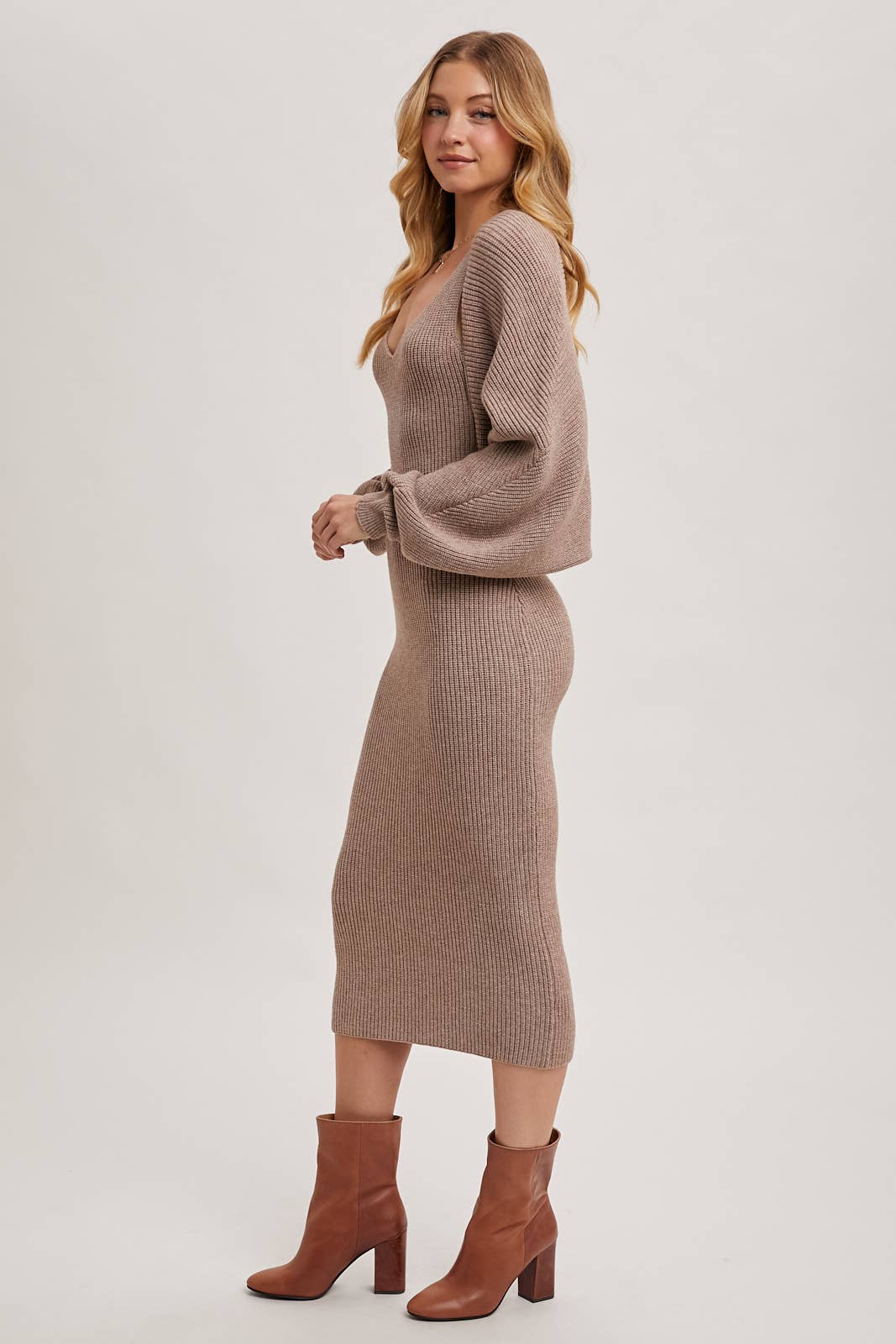 V-NECK KNIT MIDI DRESS AND KNIT SHRUG SET