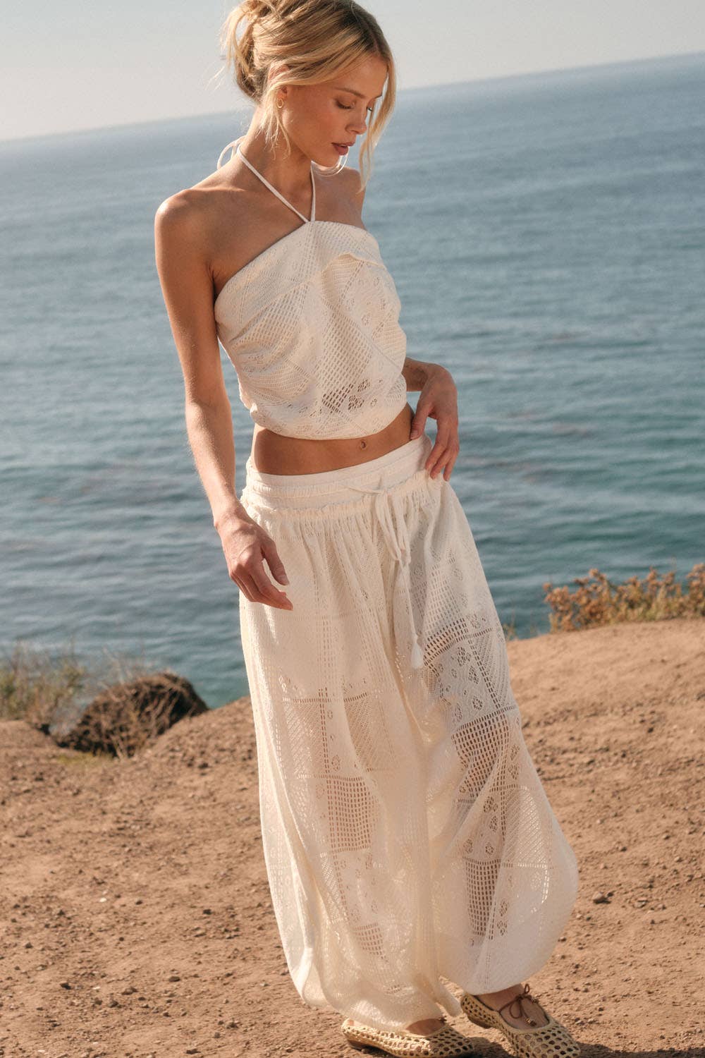Crochet Lace Cropped Handkerchief Halter Tube Top with matching bottoms