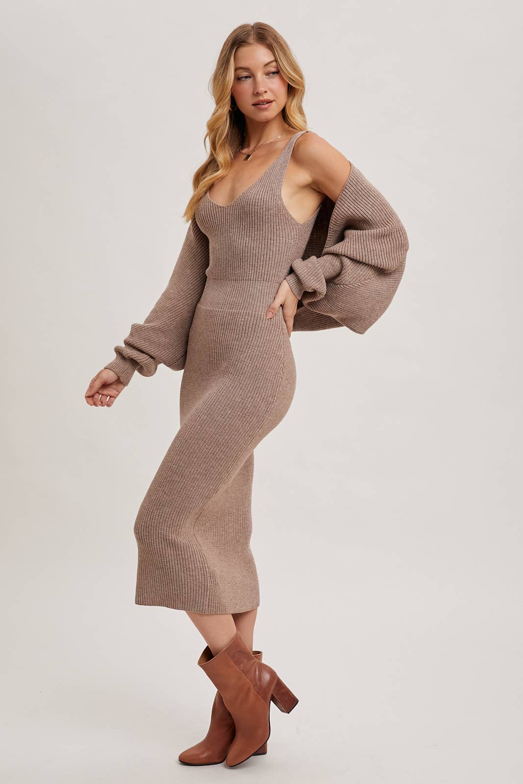 V-NECK KNIT MIDI DRESS AND KNIT SHRUG SET