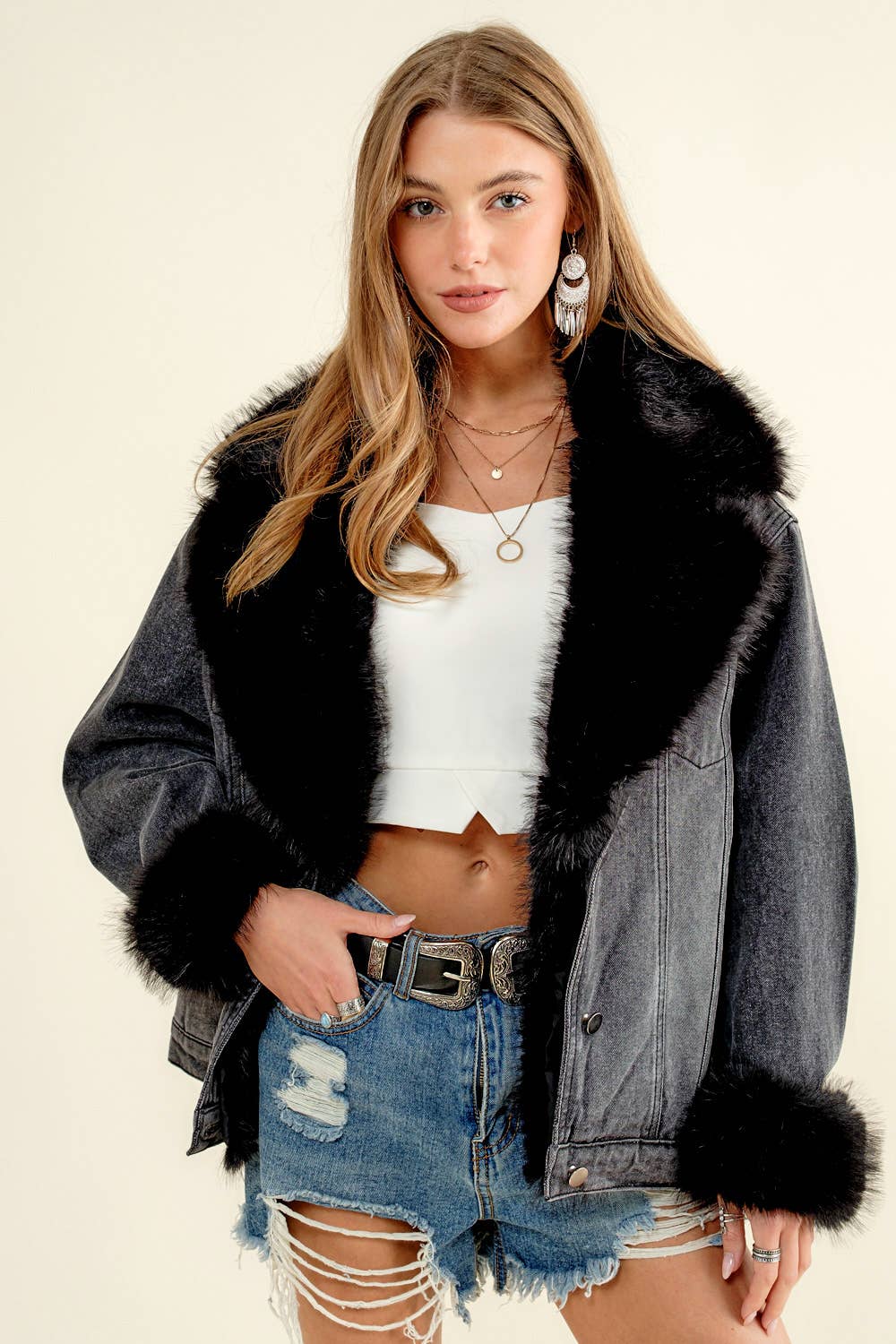 Fur Collard Cuff Over sized Denim Jacket