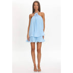 SLEEVELESS HALTER FLORAL PLEATED MINI DRESS