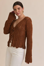 FRONT TIE BELL SLEEVE OPEN KNIT CARDIGAN
