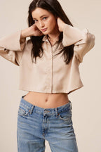 Satin Cropped Button Down Shirt with Flowy Sleeves