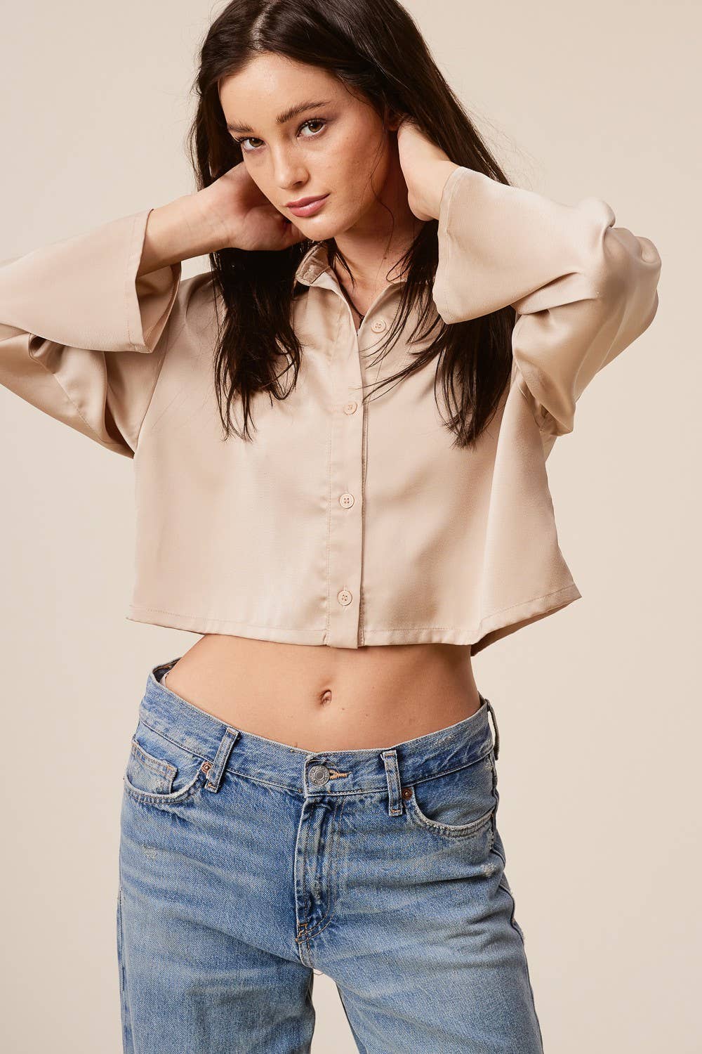Satin Cropped Button Down Shirt with Flowy Sleeves