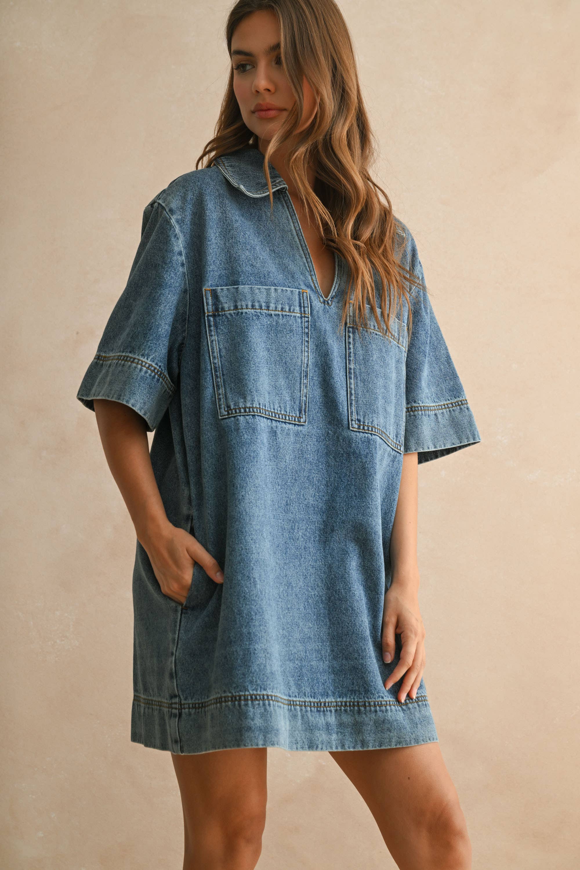 V-NECK DENIM TUNIC DRESS