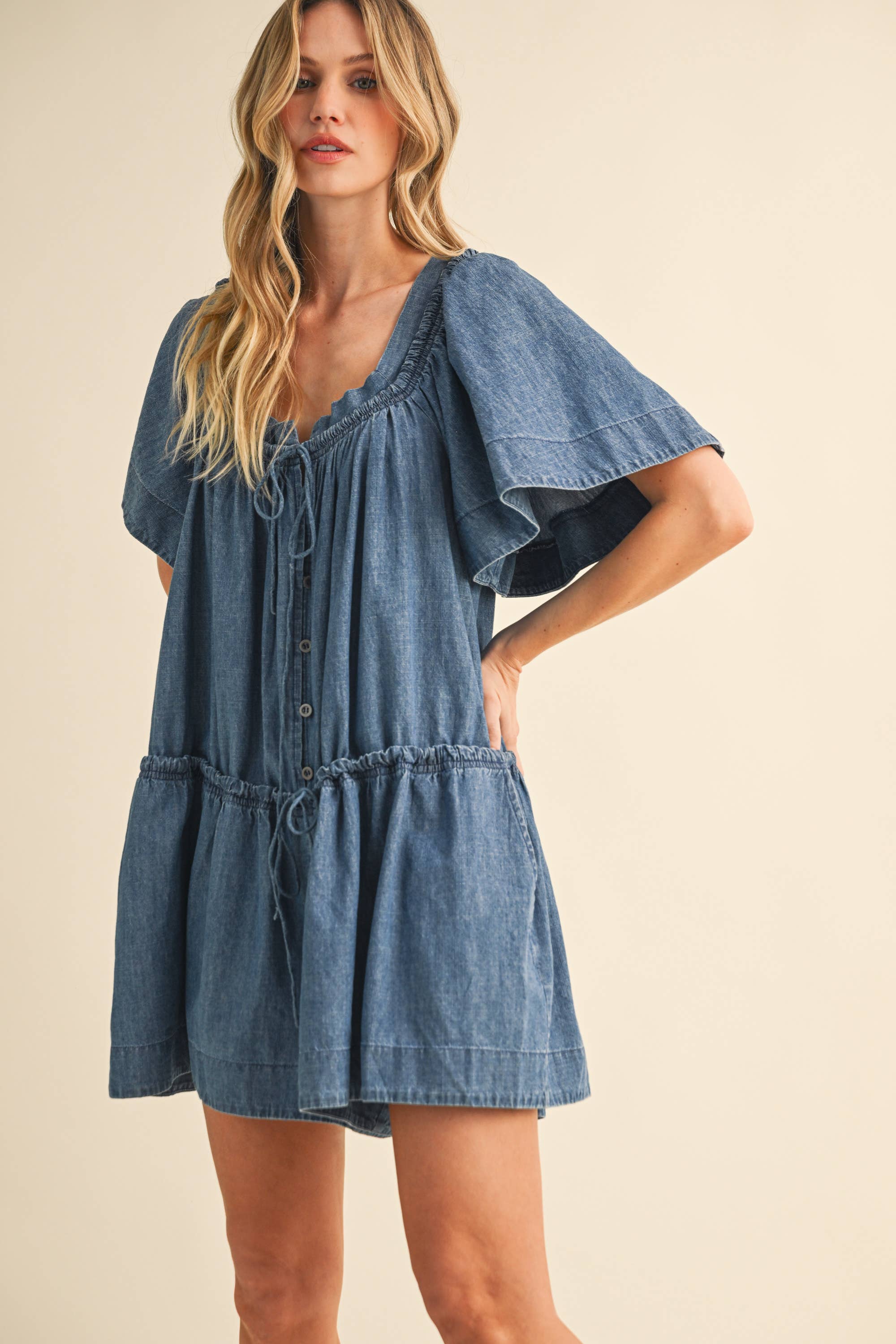 DENIM BUTTERFLY SLEEVE LOOSE FIT FLARED ROMPER