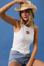 ROUND NECK SLEEVELESS USA BEADS RIBBED TANK TOP