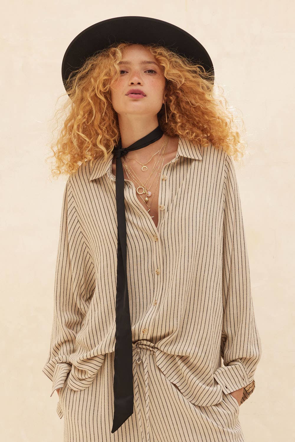 Striped Loose-Fit Collared Button-Up Shirt