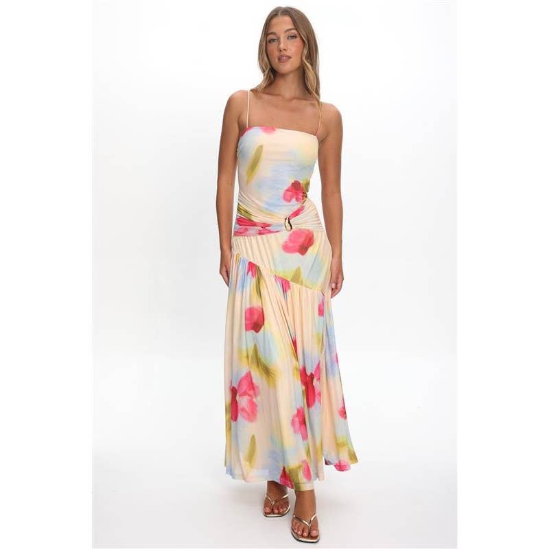 BANDEAU RUCHED FLORAL MAXI DRESS