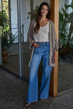 Knit Folded Quarter Sleeve Open Front Cardigan