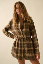 Plaid Flannel Button-Up Belted Shirt Romper