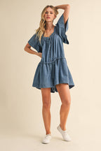 DENIM BUTTERFLY SLEEVE LOOSE FIT FLARED ROMPER