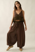 Cotton Gauze and Lace Drawstring Balloon Pants  with Ruffle Babydoll Tank Top