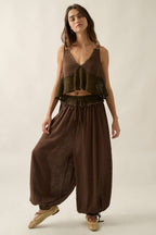 Cotton Gauze and Lace Drawstring Balloon Pants  with Ruffle Babydoll Tank Top