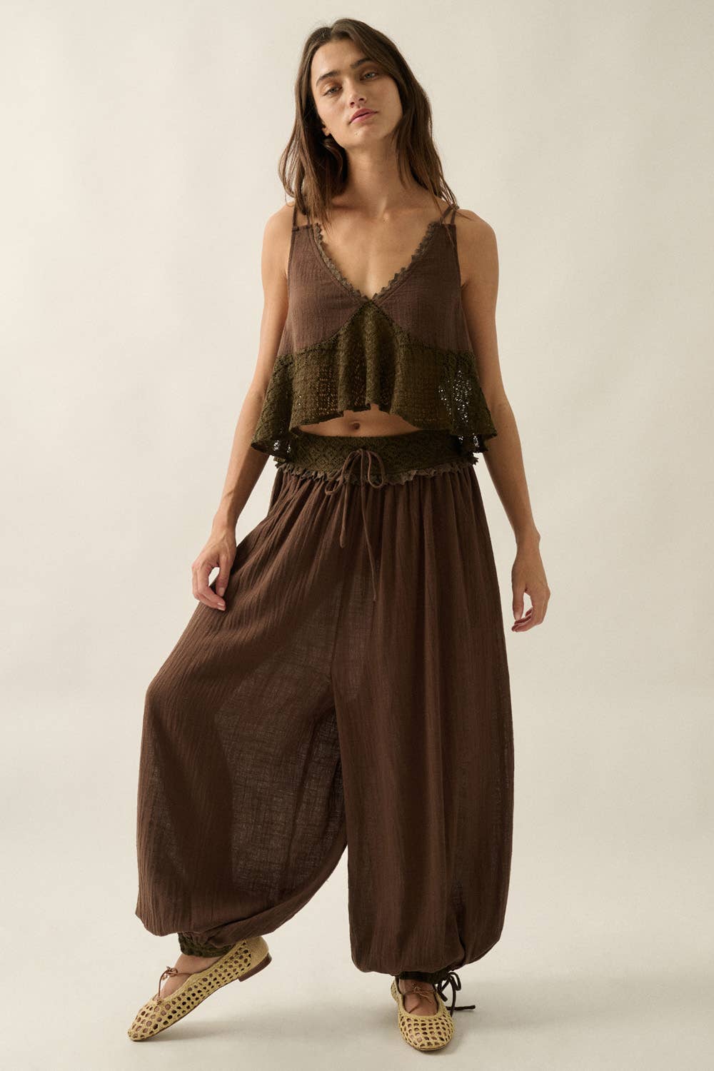 Cotton Gauze and Lace Drawstring Balloon Pants  with Ruffle Babydoll Tank Top