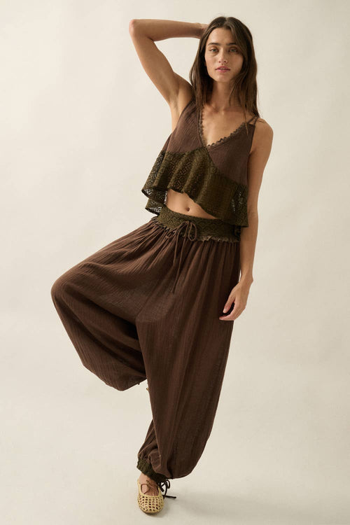 Cotton Gauze and Lace Drawstring Balloon Pants  with Ruffle Babydoll Tank Top