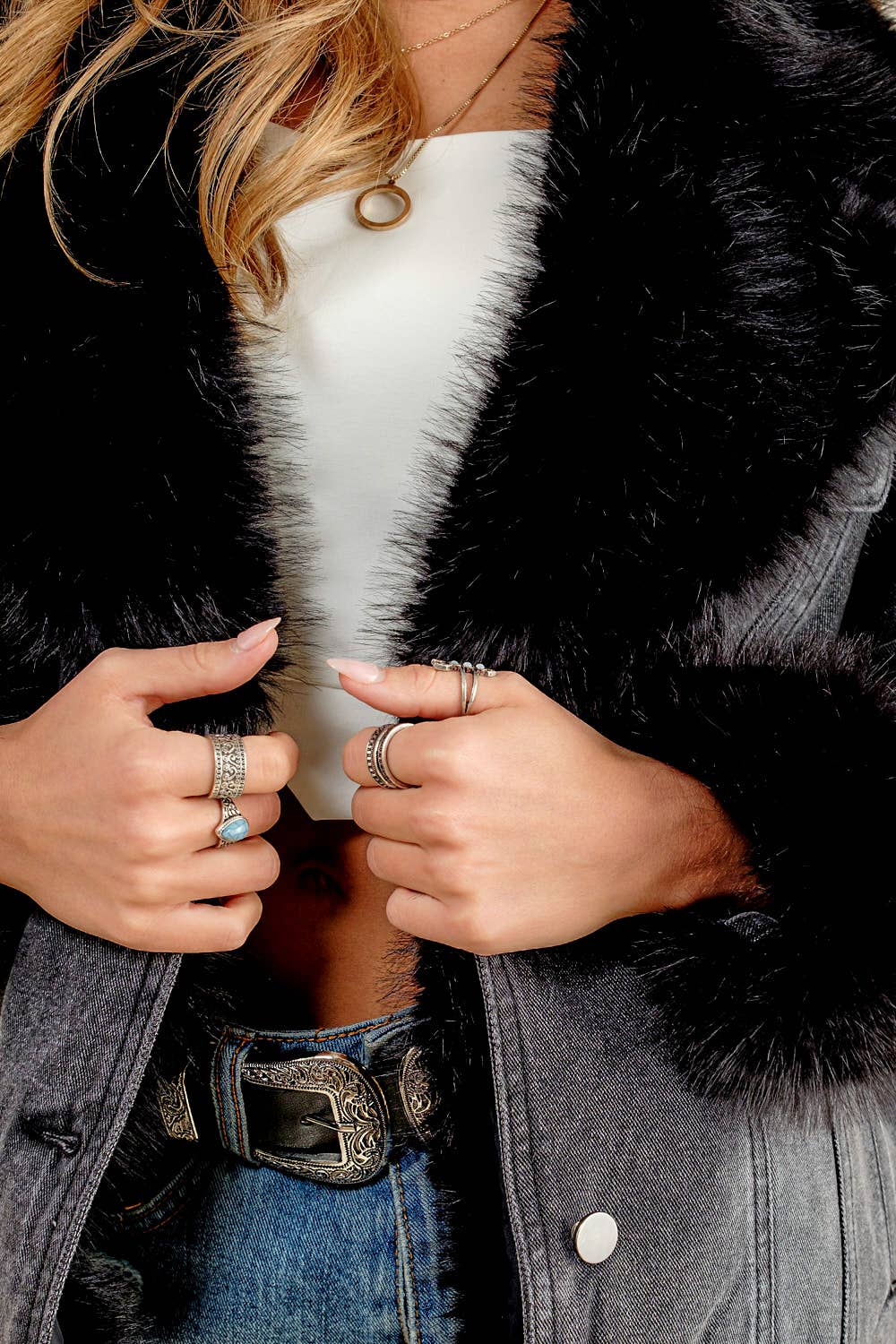 Fur Collard Cuff Over sized Denim Jacket