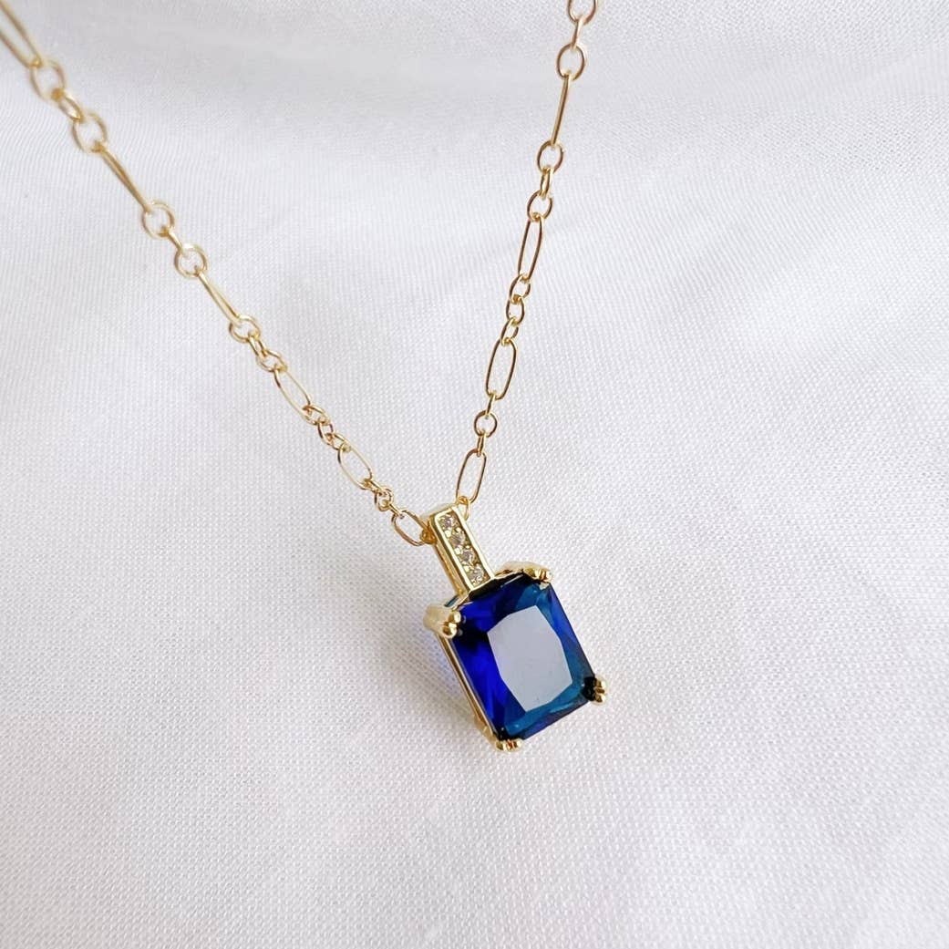 Santorini Blue Baguette Pendant Necklace Gold Filled
