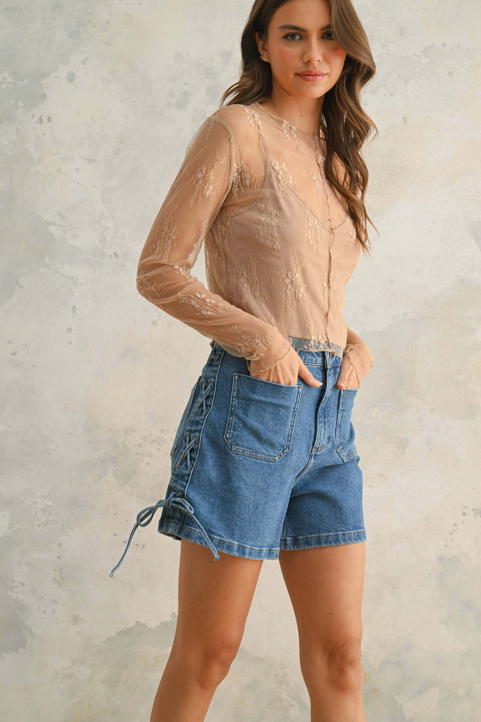 LONG SLEEVE LACE FABRIC WITH LINING INSERT TOP