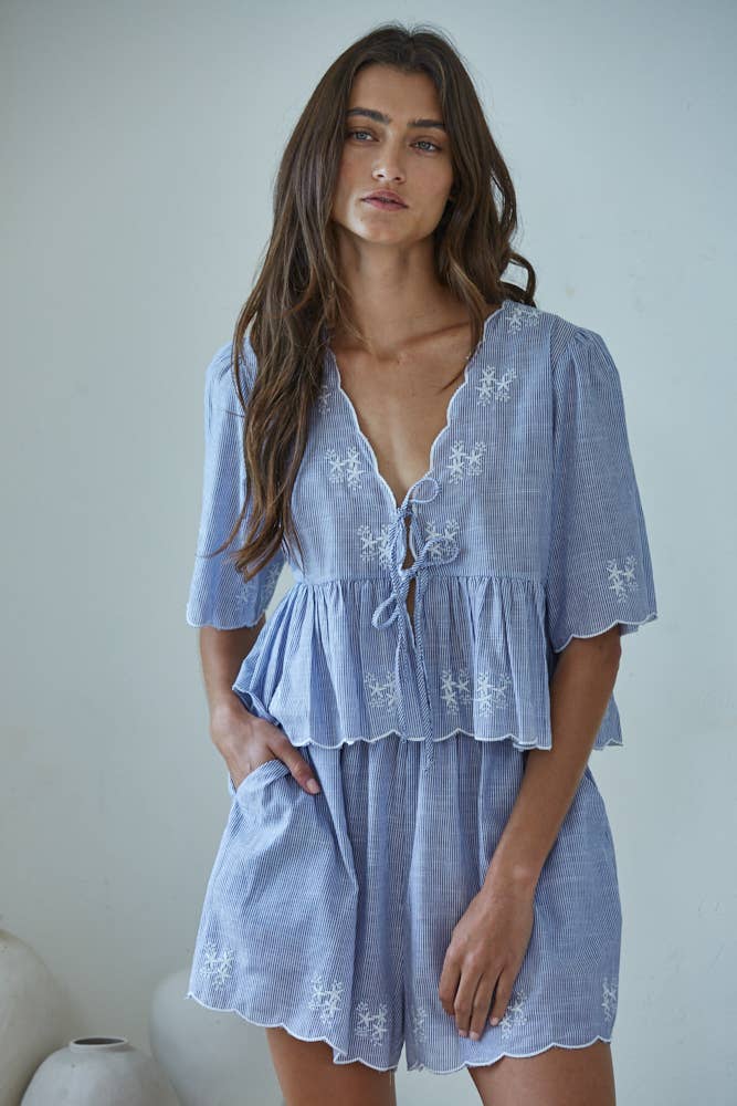 Woven Cotton Striped Embroidered Detail Set