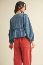 RUFFLE HEM TIE CLOSURE DENIM TOP
