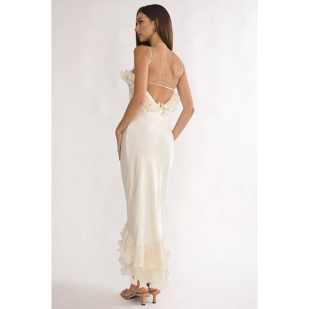 ASYMMETRICAL OFF SHOULDER RUFFLES MIDI DRESS
