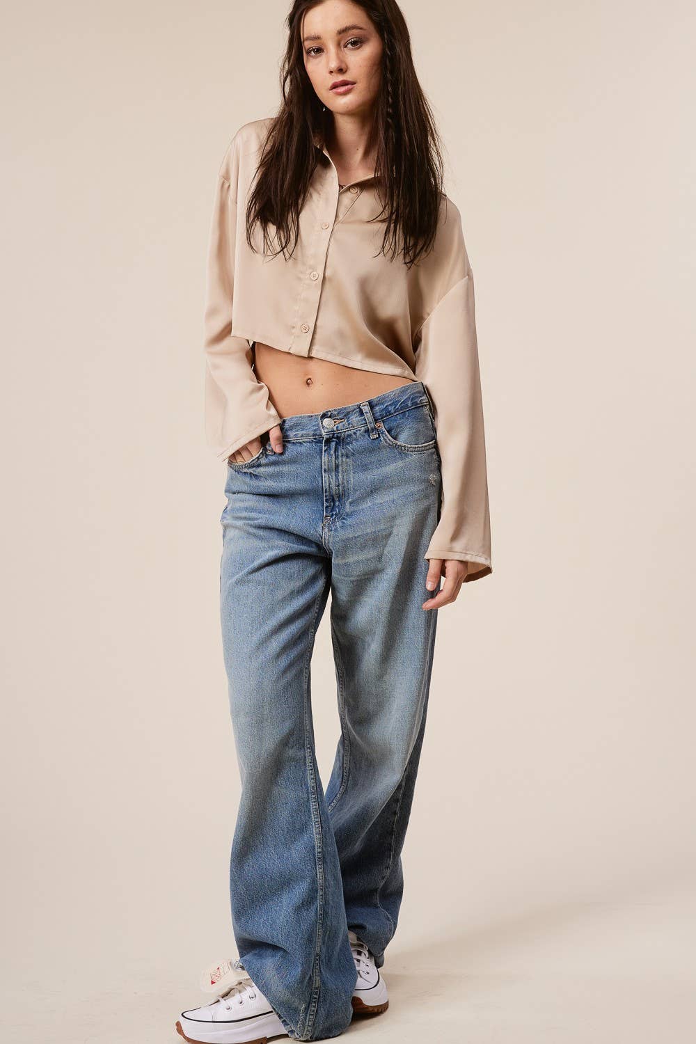 Satin Cropped Button Down Shirt with Flowy Sleeves