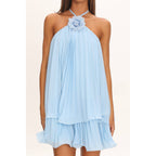 SLEEVELESS HALTER FLORAL PLEATED MINI DRESS