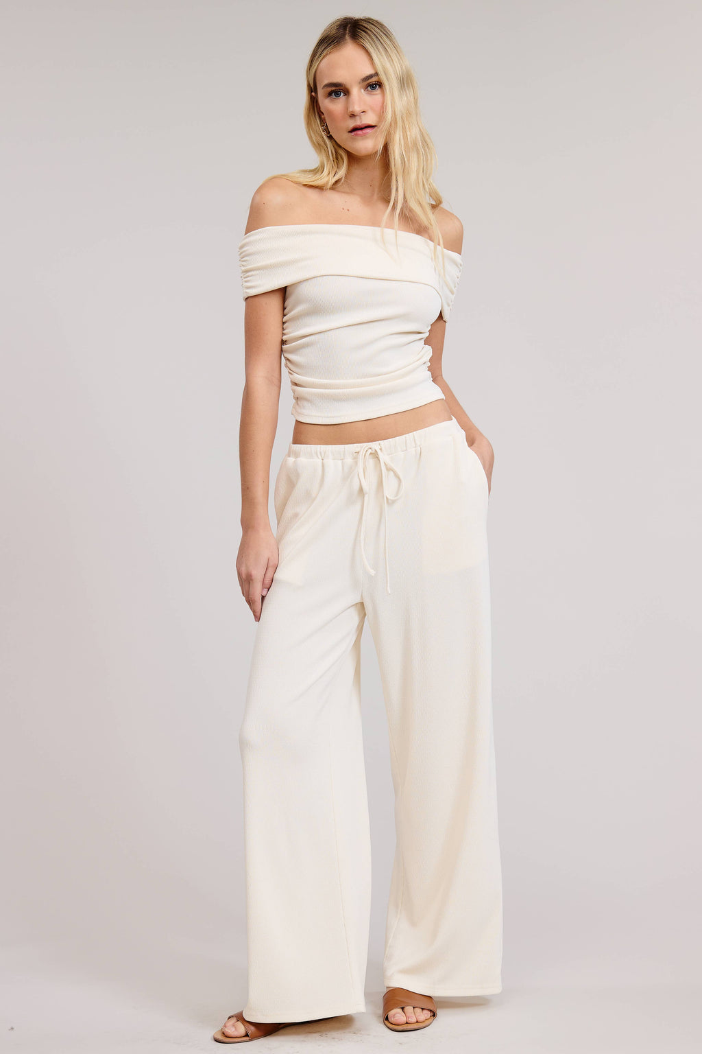 Off Shoulder Pants Set with Ruched Top