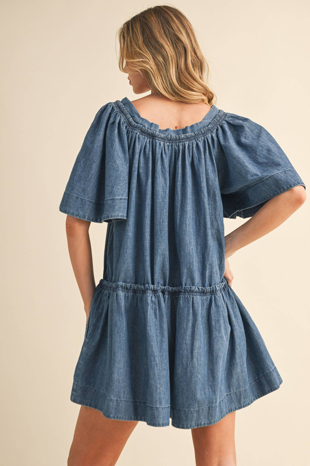 DENIM BUTTERFLY SLEEVE LOOSE FIT FLARED ROMPER