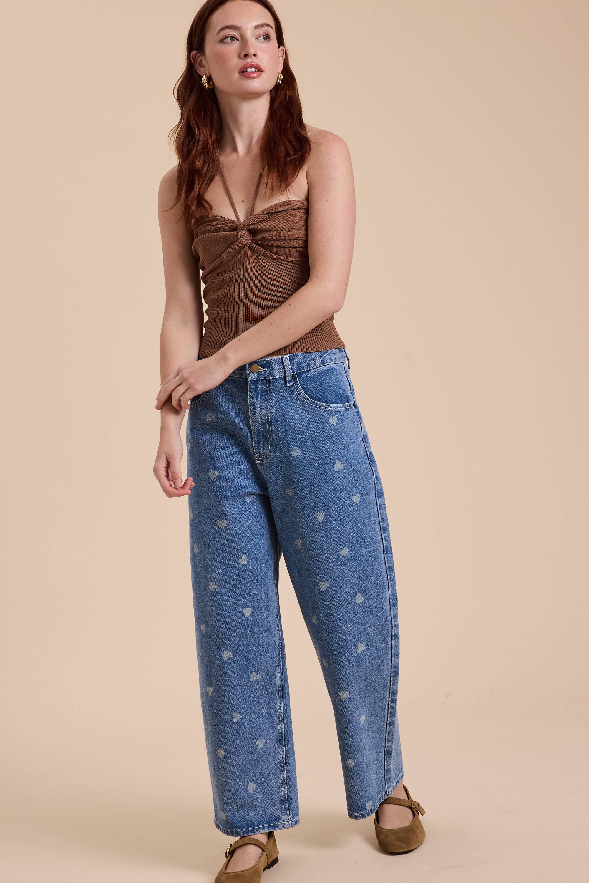 HEART PRINTED DENIM PANTS