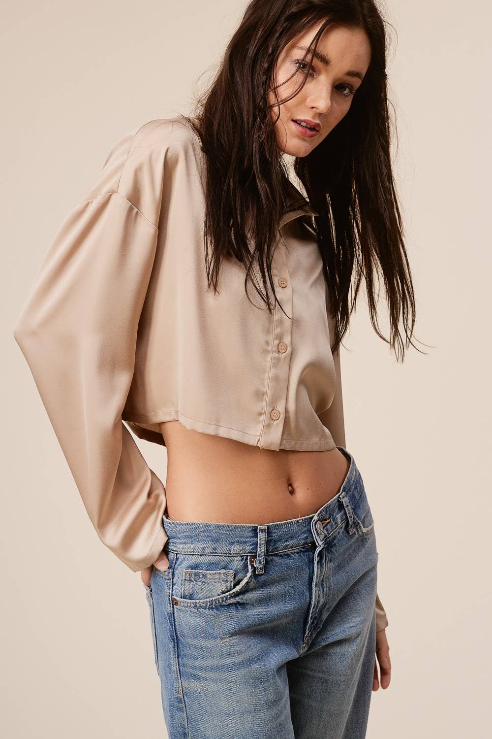 Satin Cropped Button Down Shirt with Flowy Sleeves