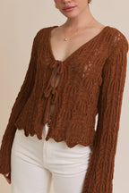 FRONT TIE BELL SLEEVE OPEN KNIT CARDIGAN
