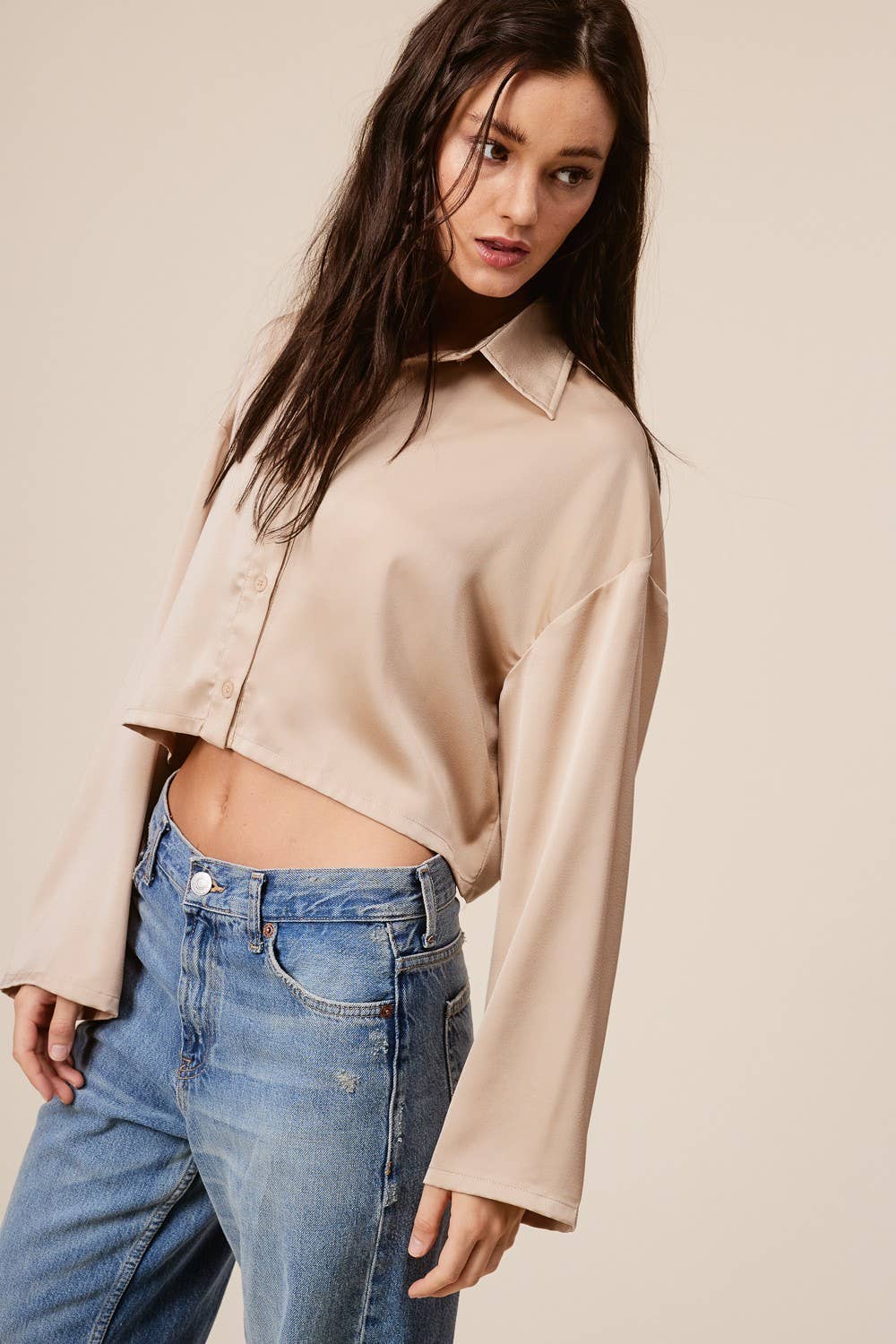 Satin Cropped Button Down Shirt with Flowy Sleeves